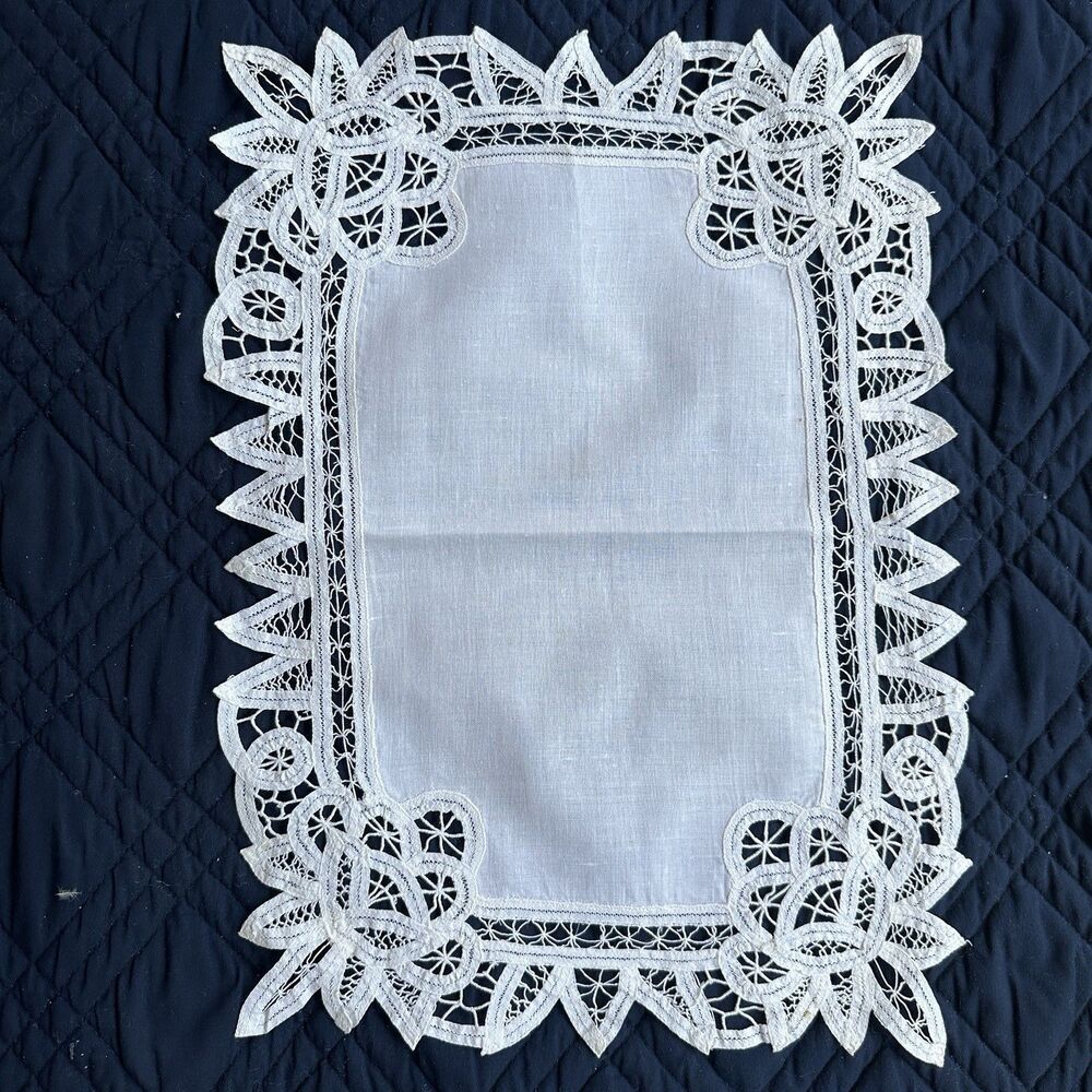 Vintage Battenburg Lace Placemat White Cotton Embroidery Floral Doily 18x13